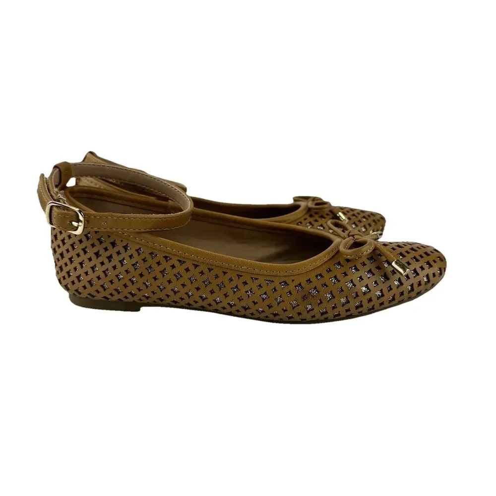 Sugar Evelyn Ballet Flats Girls Sz 2M Tan Brown Buckle Strap Bow Glitter